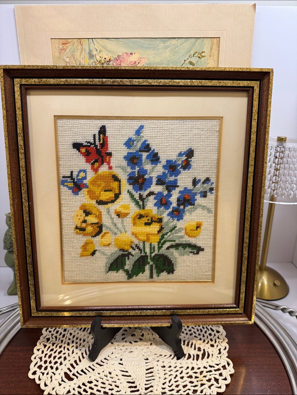 Vintage Framed Floral Needlepoint Artwork With Butterfly - Wooden Frame
